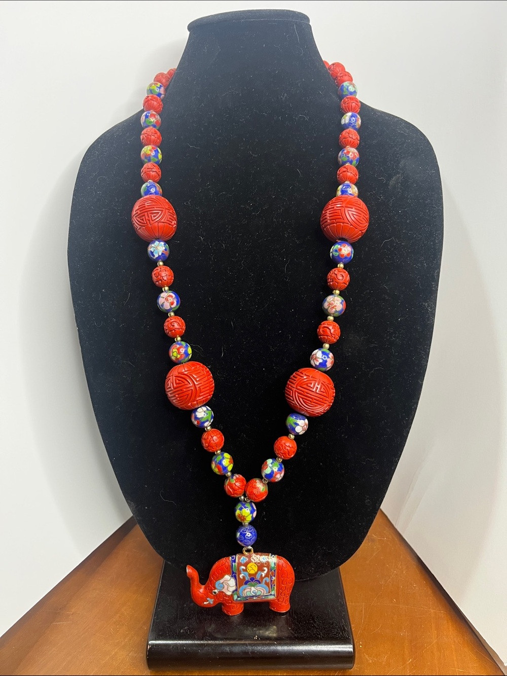 Antique cinnabar and cloisonné Elephant Pendant Beaded Necklace - Women Jewelry